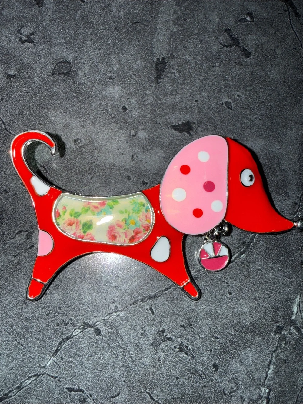 Red and Pink Dog Brooch Pin with Floral Accent - Unbranded